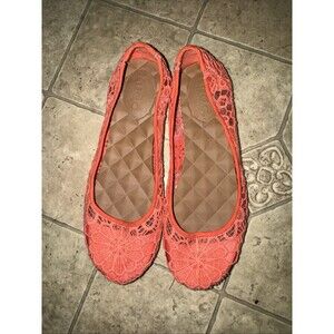 Y2K Boho Lace Ballet Flats Fabric Whimsical Coral Peach Women's Shoes Sz 9.5